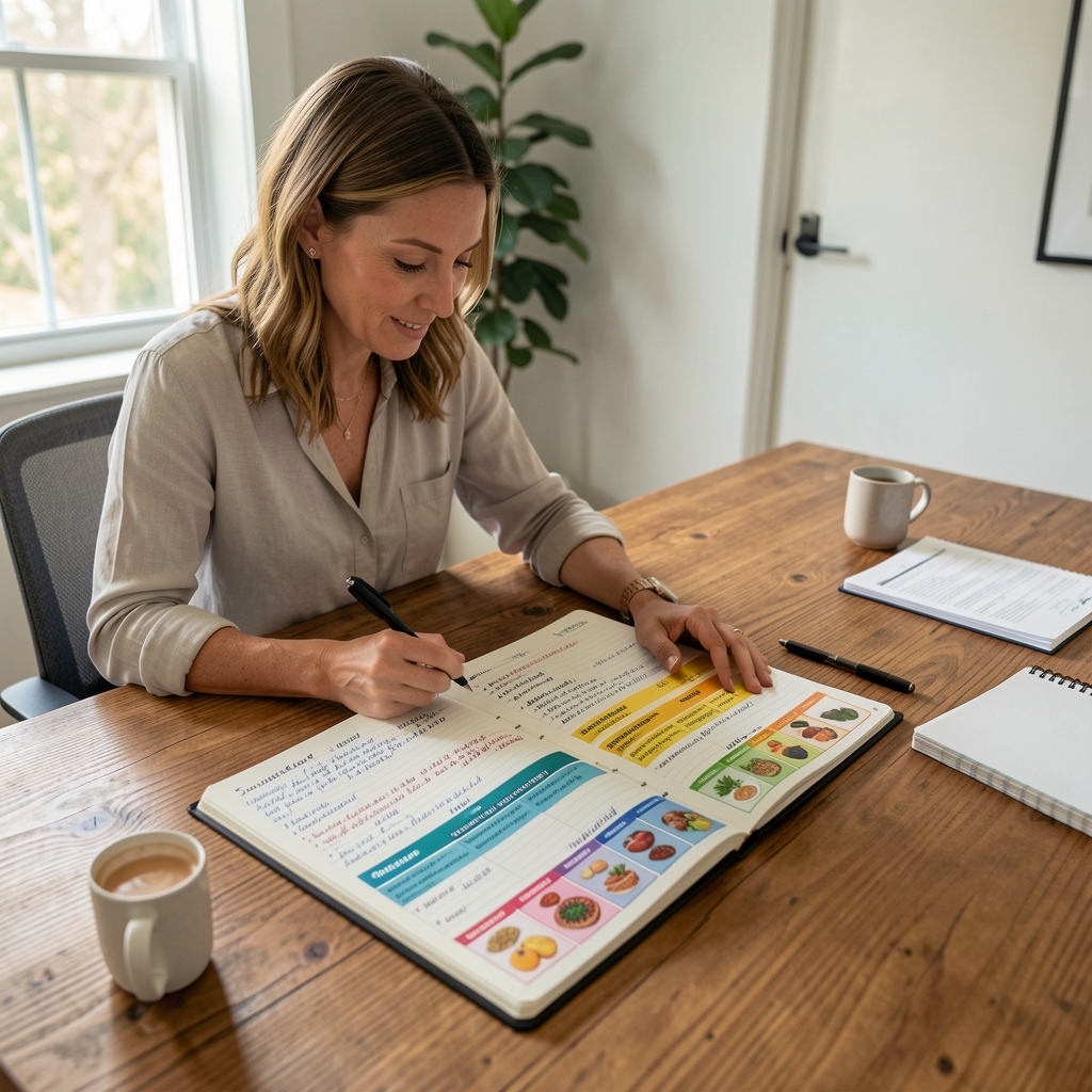 Nutrition consultant seated at a wide wooden desk reviewing a seasonal food intake journal with handwritten notes and colour-coded food group charts