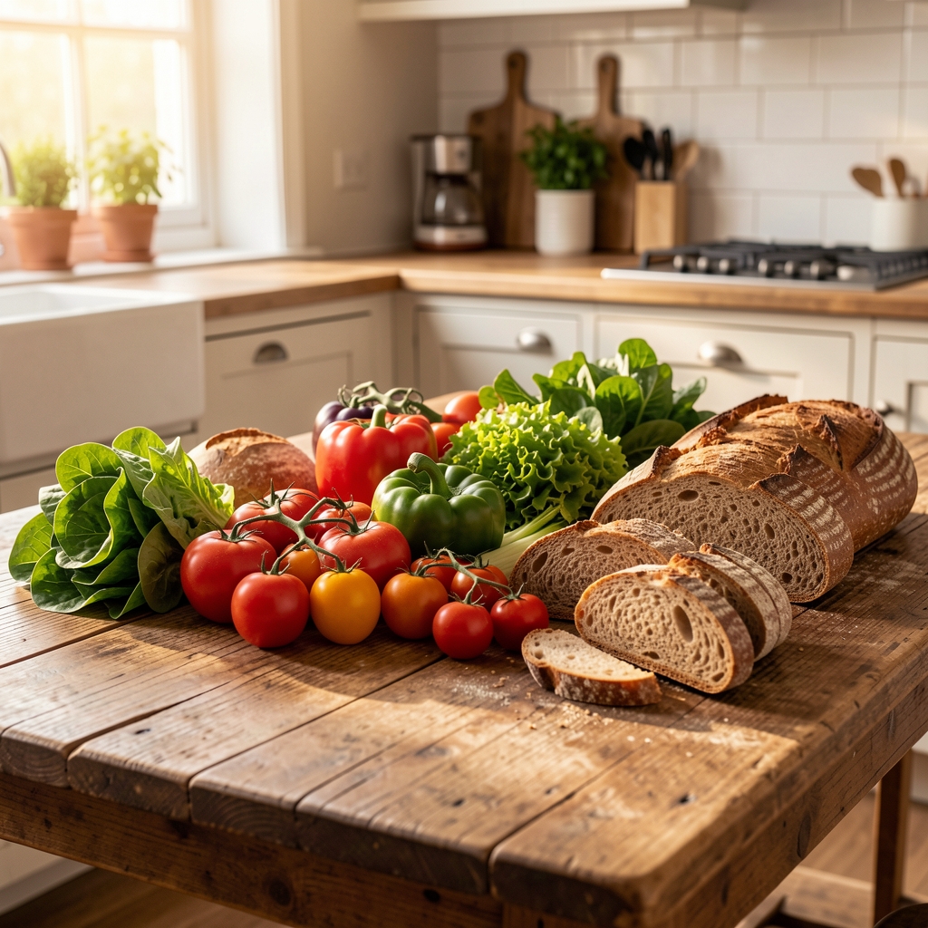 Rustic wooden kitchen table with a seasonal spread of fresh vegetables, leafy greens, and whole grain bread photographed in warm editorial morning light