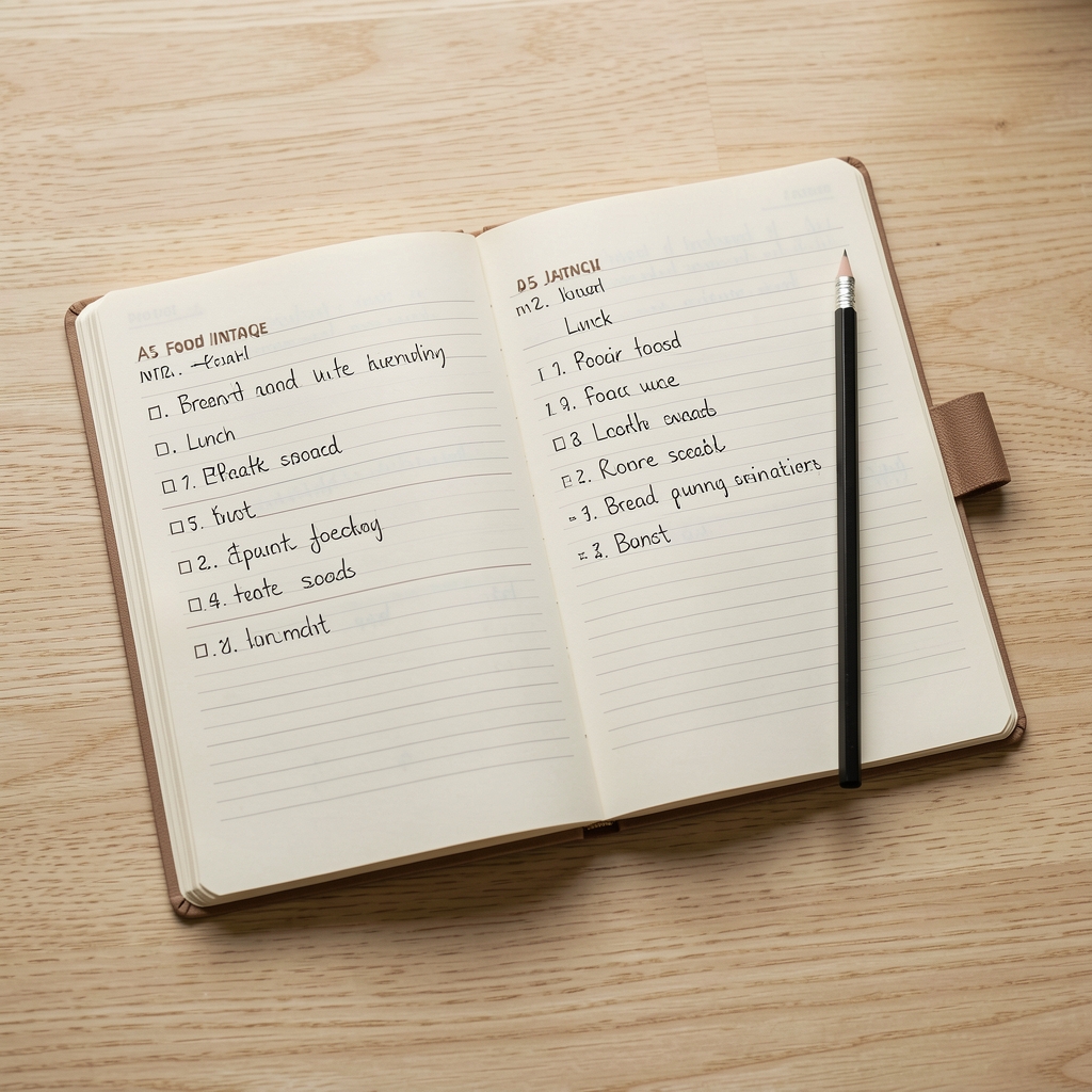 Opened spiral-bound nutrition workbook on a dark wooden table with a structured weekly food plan filled in pencil alongside a small succulent plant