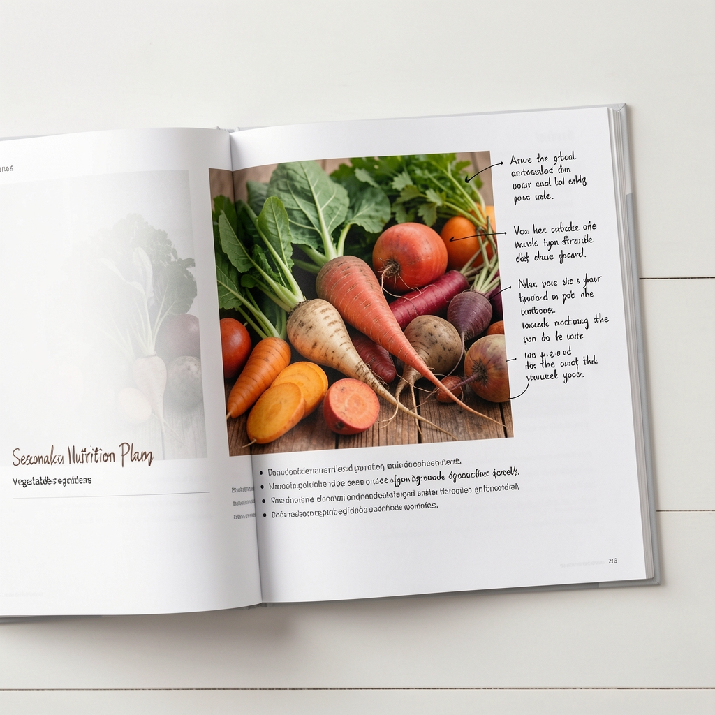 Printed seasonal nutrition plan booklet open to the vegetables section showing a colour photograph of autumn root vegetables and handwritten guidance notes in the margins