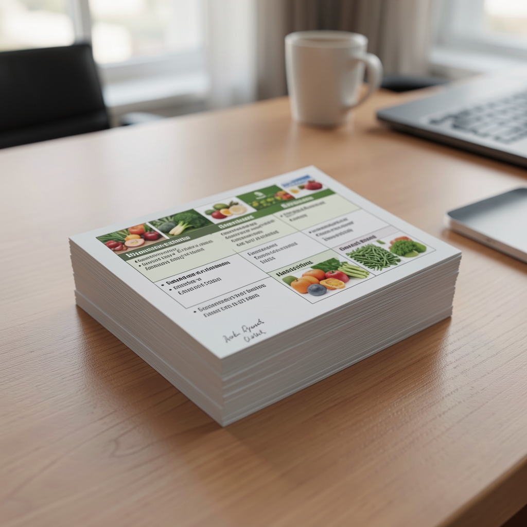 Stacked printed sourcing reference cards on a consultation desk showing Romanian regional produce availability by season, with handwritten annotations on the corner