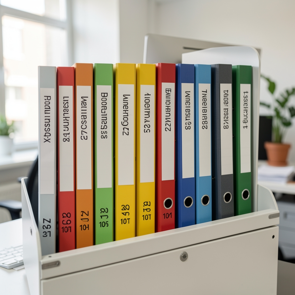 Row of colour-coded client file folders standing upright in a white metal filing drawer, each labelled with a year and quarter reference code in a Bucharest consultancy office