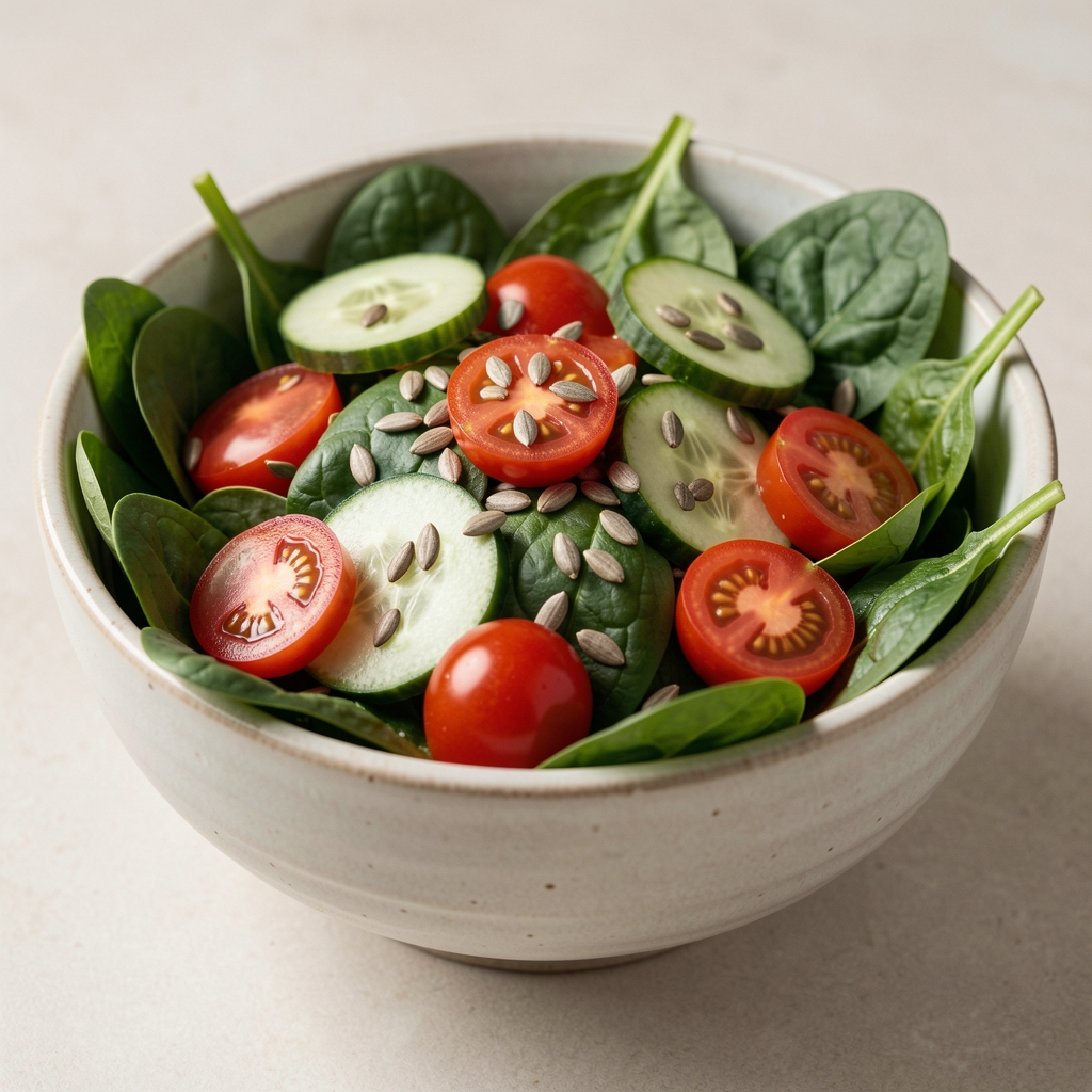 Close-up of a fresh green salad bowl containing spinach, cherry tomatoes, cucumber slices and sunflower seeds on a light ceramic surface