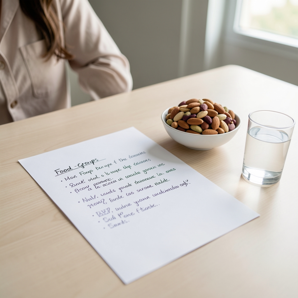 Nutritionist writing handwritten food-group notes on a white A4 sheet next to a bowl of mixed nuts and a glass of water on a clean desk