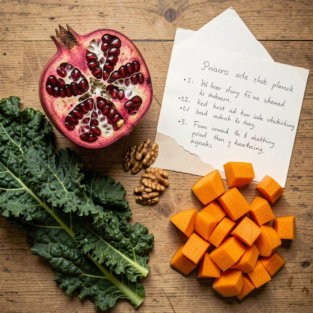 Overhead shot of an autumn meal preparation on a wooden surface with halved pomegranate, kale leaves, walnuts, and diced orange squash alongside a handwritten recipe card