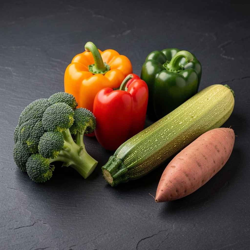 Fresh whole vegetables including broccoli florets, bell peppers, courgette, and sweet potato arranged on a dark slate surface in a studio lighting setup