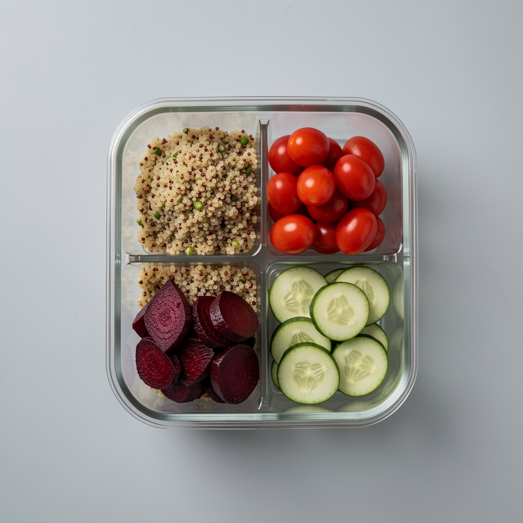 Overhead view of a glass meal prep container with quinoa, roasted beetroot, cherry tomatoes, and cucumber in a neatly portioned layout on a pale grey surface