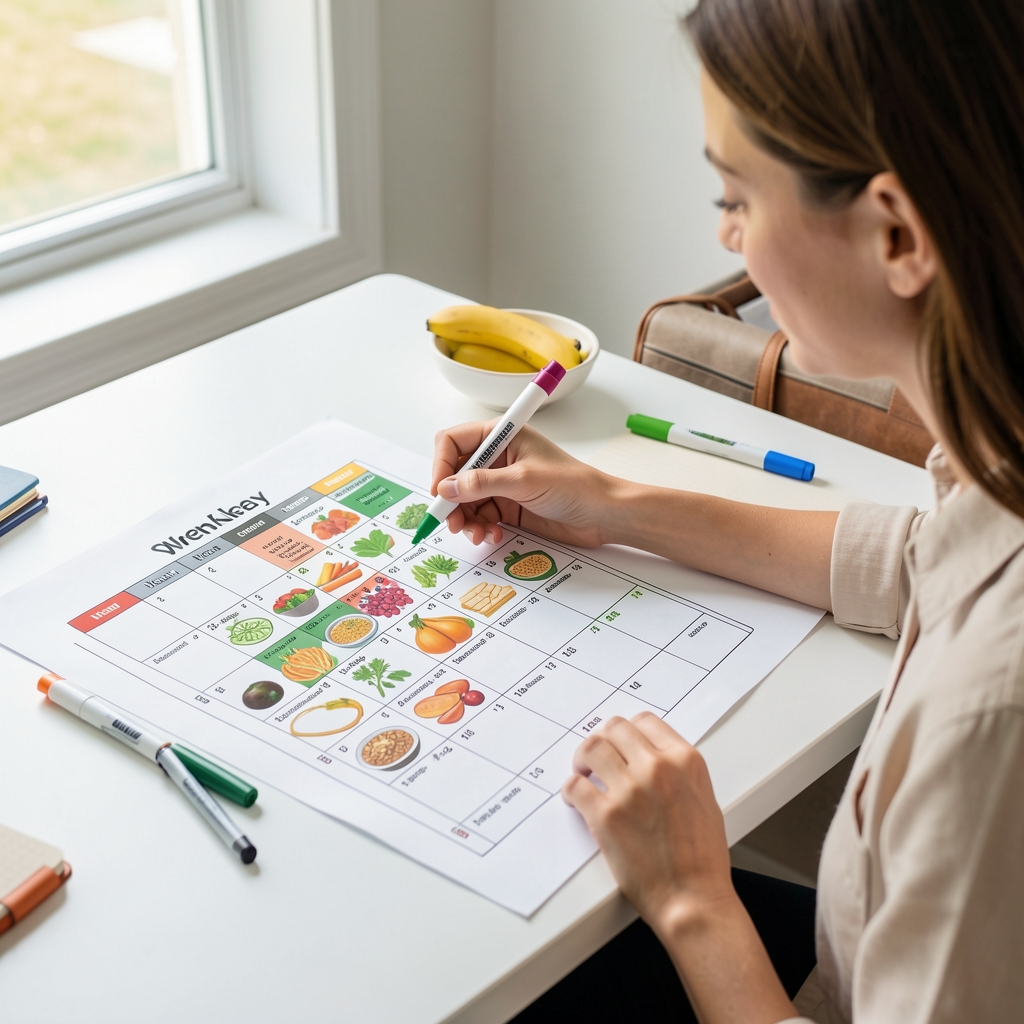 A nutritionist using a printed weekly food calendar and coloured markers to map out a seasonal meal plan on a large sheet of paper on a bright desk