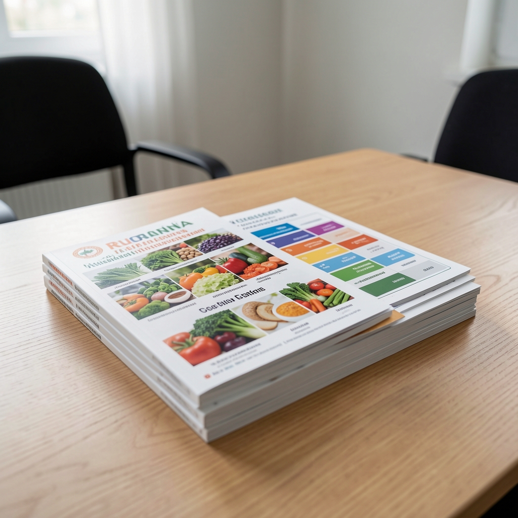 Stack of Romanian seasonal produce guide booklets and food group reference charts on a clean wooden table in a consultation room