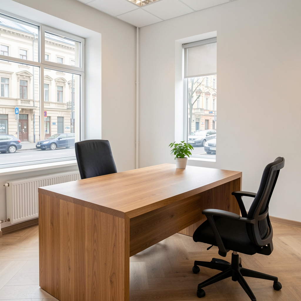 Bright consultancy room interior with a wide oak desk, two chairs, and a window overlooking a quiet Bucharest street in the Sector 1 area
