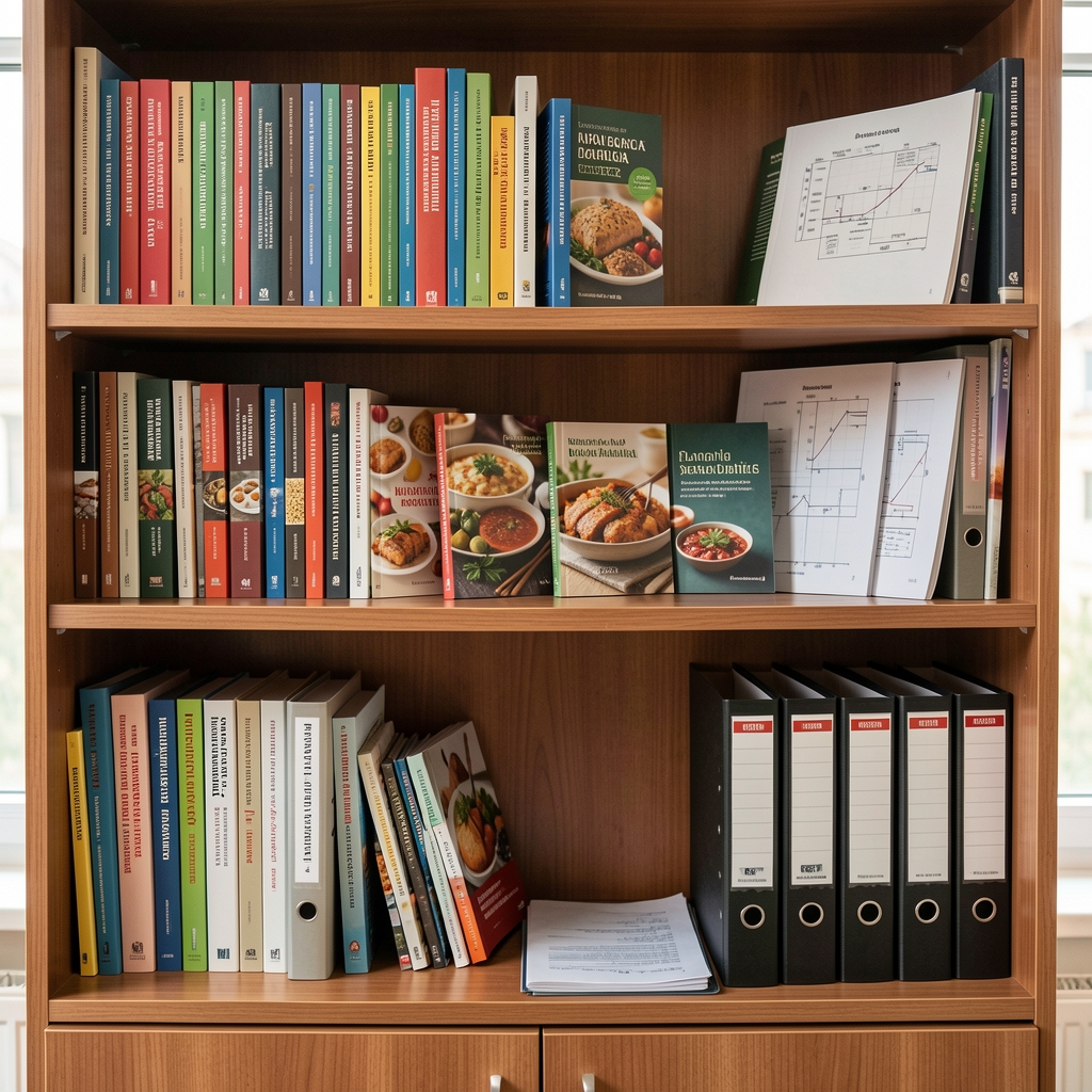 Wooden bookshelf in a Bucharest office filled with food science reference books, seasonal Romanian recipe collections, and ring-binders of archived client plans